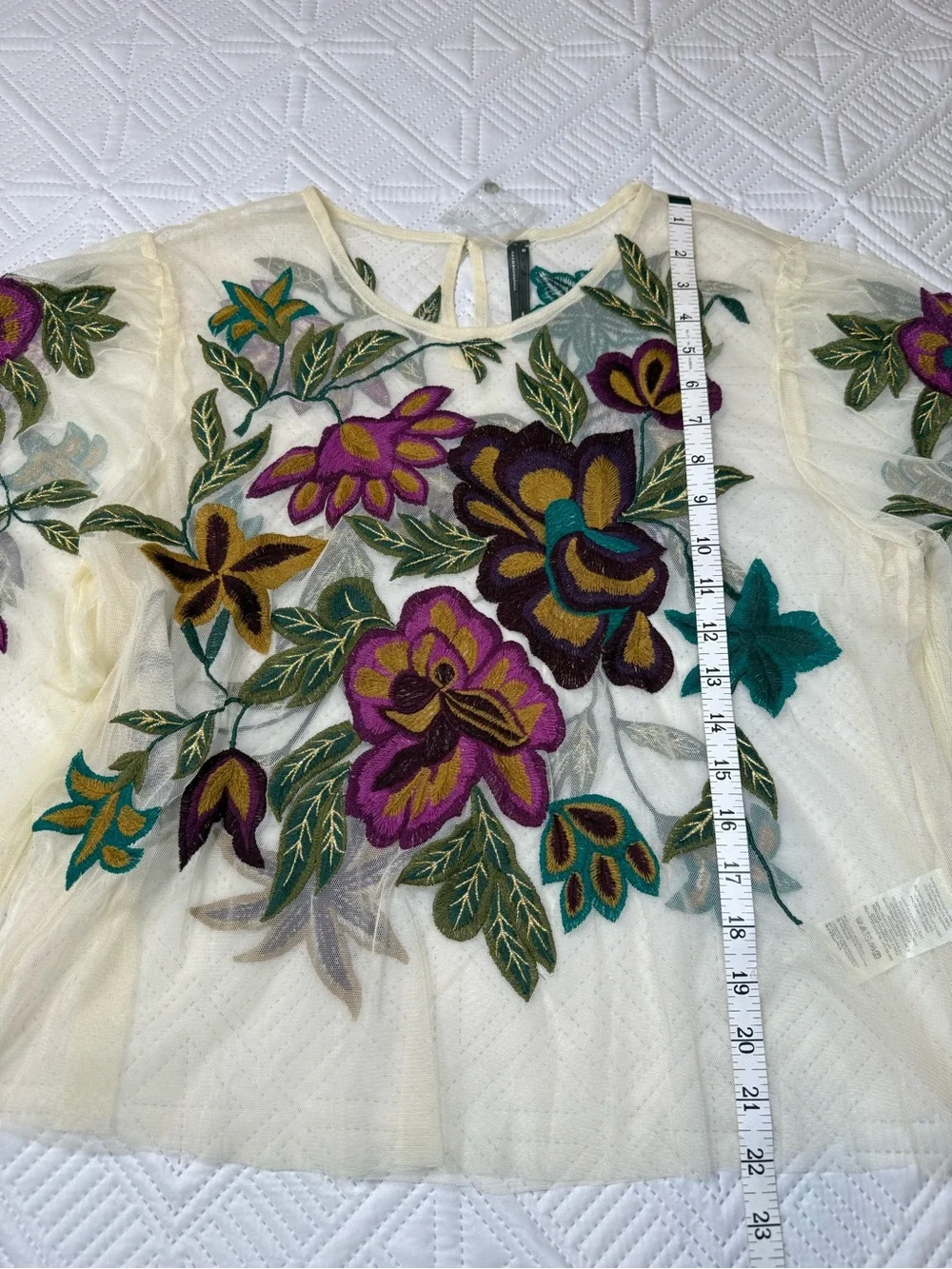 Anthropologie The Layla Floral Mesh Puff-Sleeve Appliqué Mesh Blouse Size XL